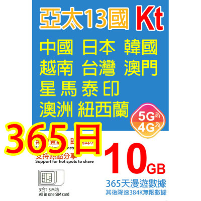 KT 日本 韓國 澳門 台灣 星加坡 馬來西亞 印尼 越南 泰國 澳洲 紐西蘭 中國 365日5G 10GB之後降速384K無限數據《購買2張免費順豐》 上網卡數據卡Sim卡電話咭data